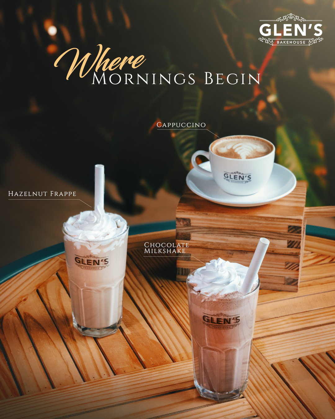 Glen’s Bakehouse “Where Mornings Begin” beverage campaign creative