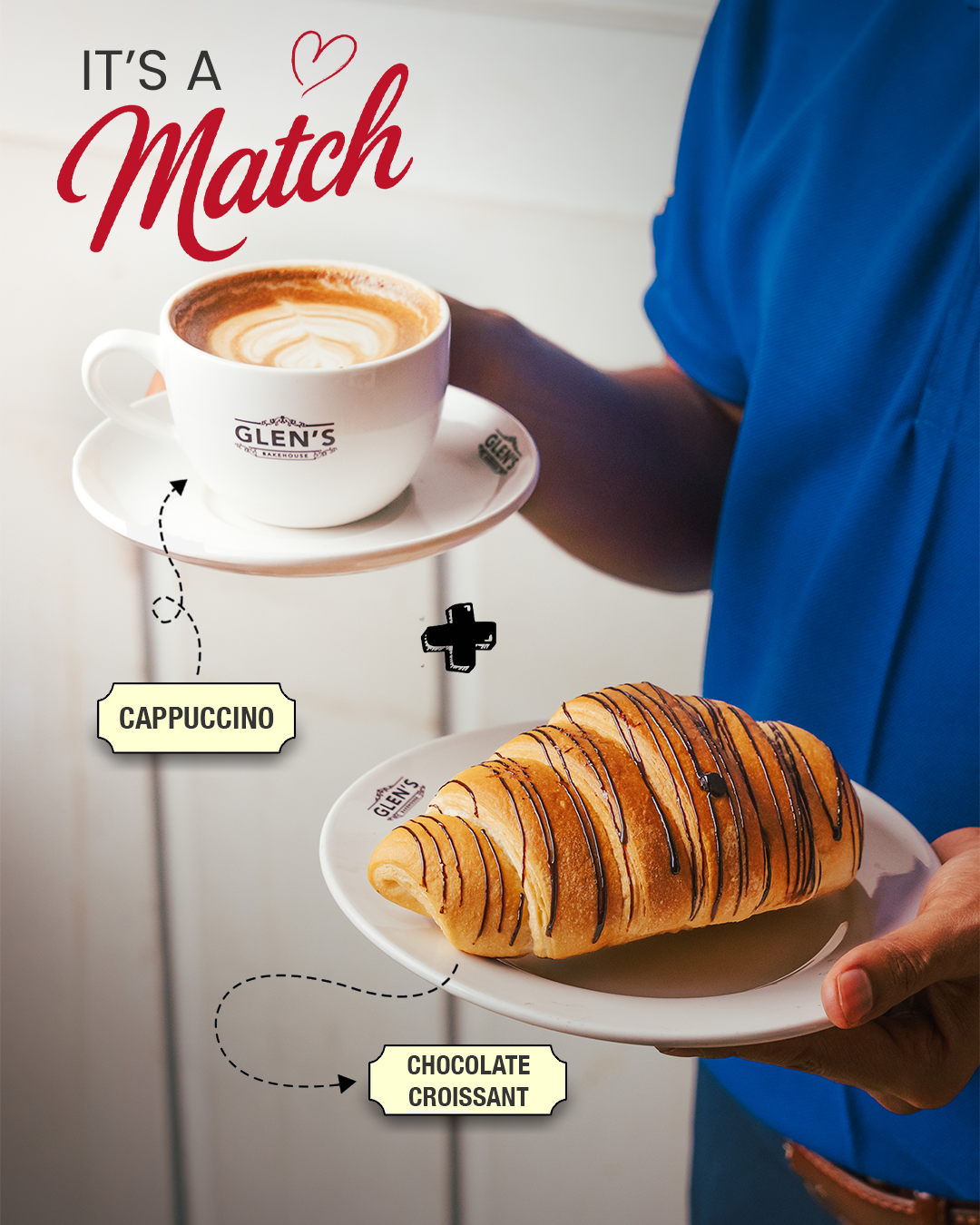 Glen’s Bakehouse “It’s a Match” cappuccino and chocolate croissant pairing creative