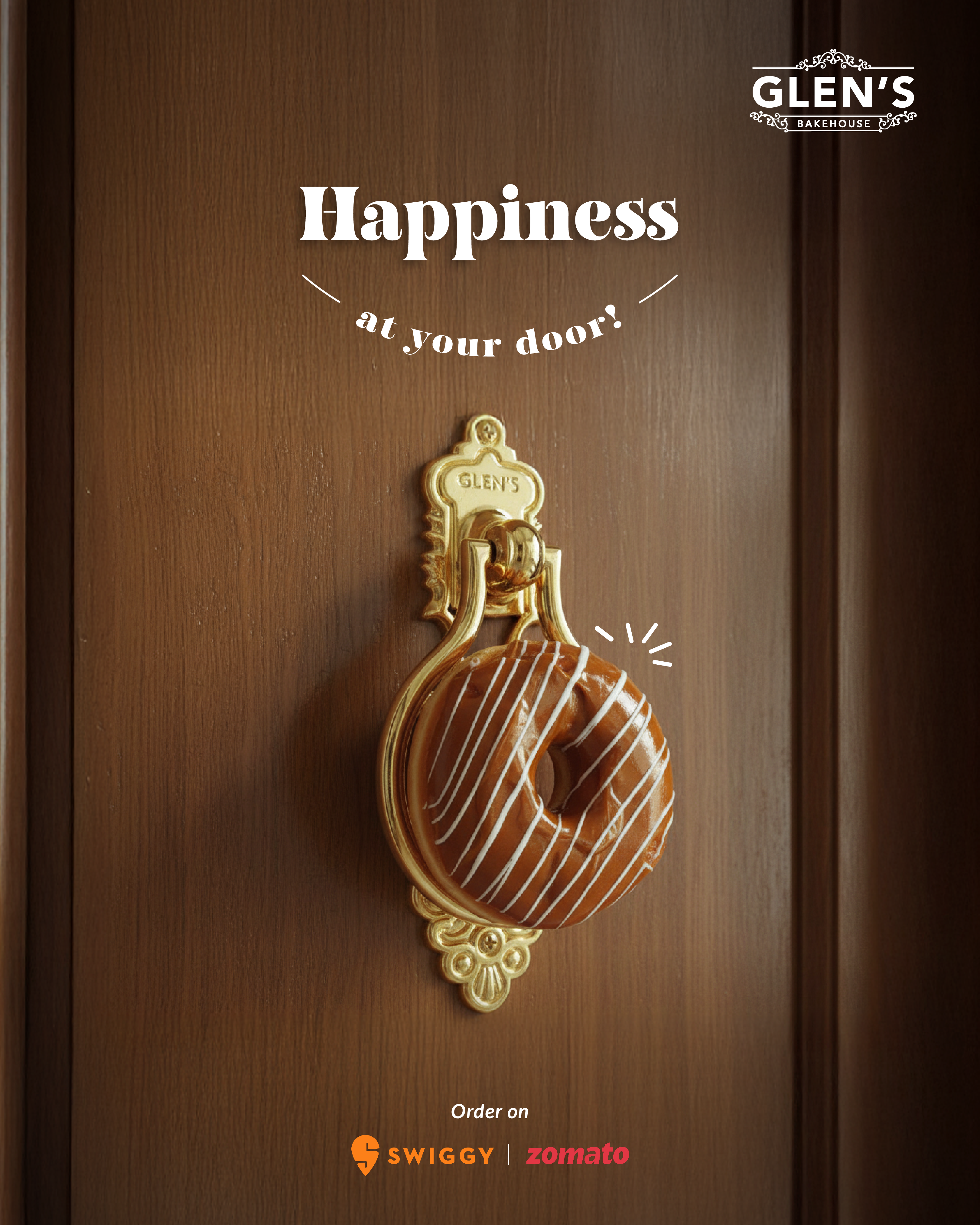 Glen’s Bakehouse “Happiness at your door” delivery creative for Swiggy and Zomato
