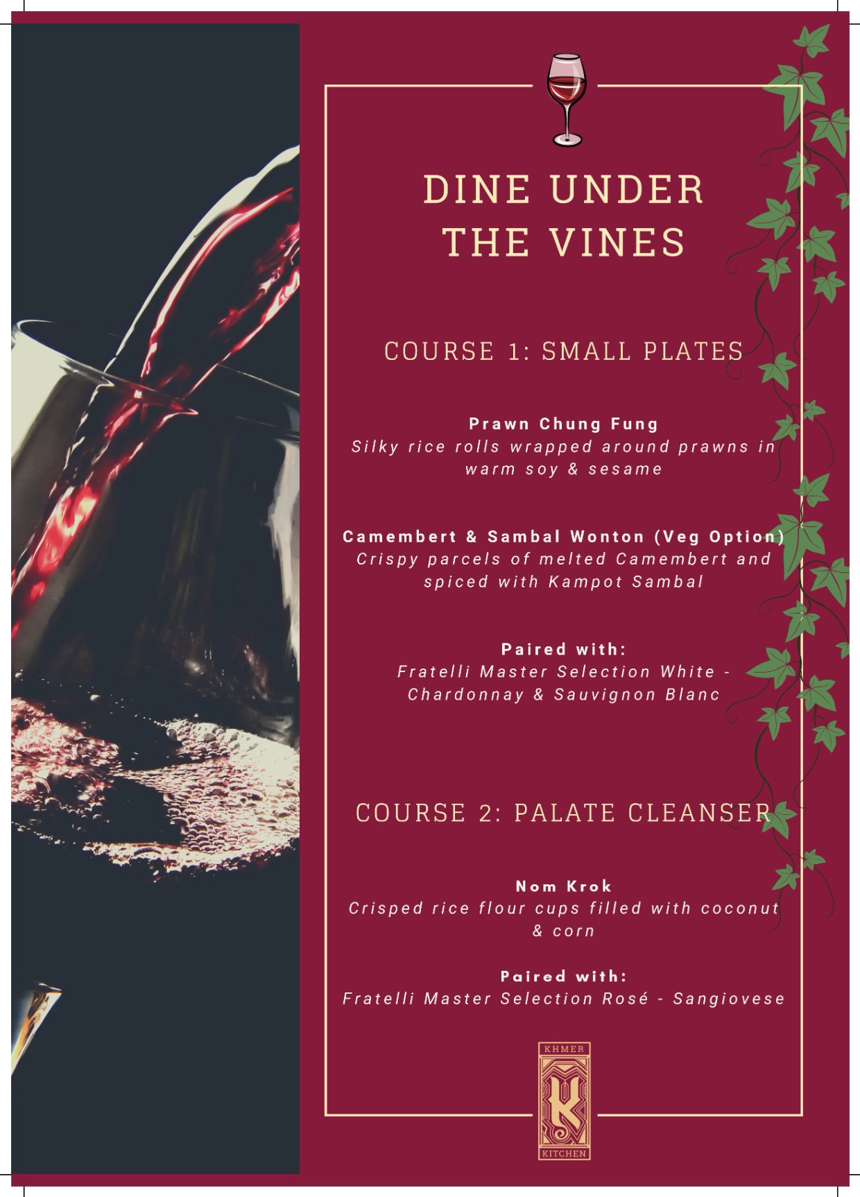 Dine Under the Vines tent card, courses one and two with wine pairings